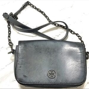 Tory Burch Silver Metallic Holographic Gunmetal Metal Chain Crossbody Bag Y2K